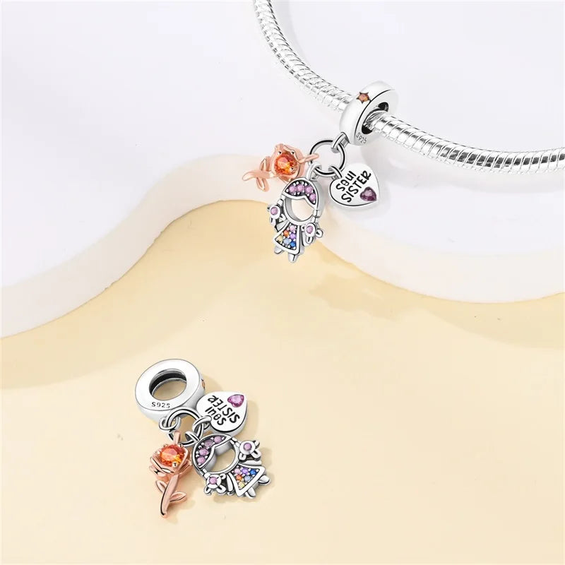 925 Sterling Silver Sweetheart Sister Charm | Fit Original Pandora & 3mm Bracelets DIY Jewelry Gift for Women