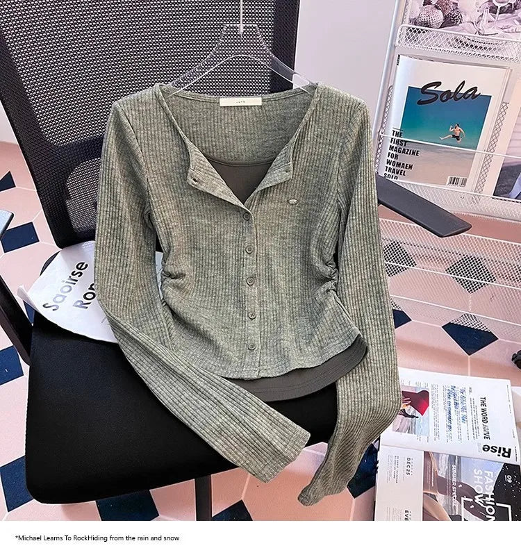 Unique Design Long Sleeve Slim Fit T-Shirt – Women's Plus Size Early Autumn Base Shirt, Korean Style Knitted Top