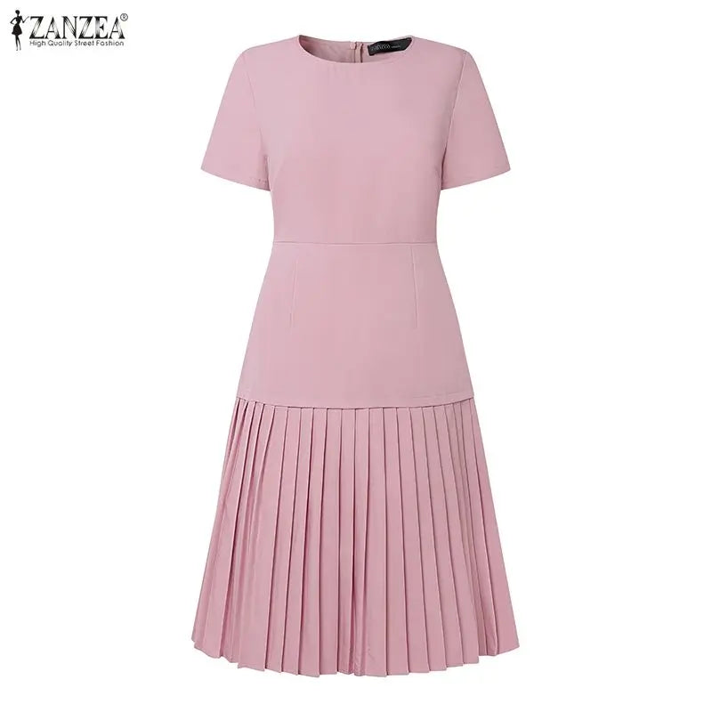 Women Pleated Dress 👗 Elegant O-Neck Short Sleeve Fitted Waist A-Line Knee-Length Dress 🌸 ZANZEA Fashion