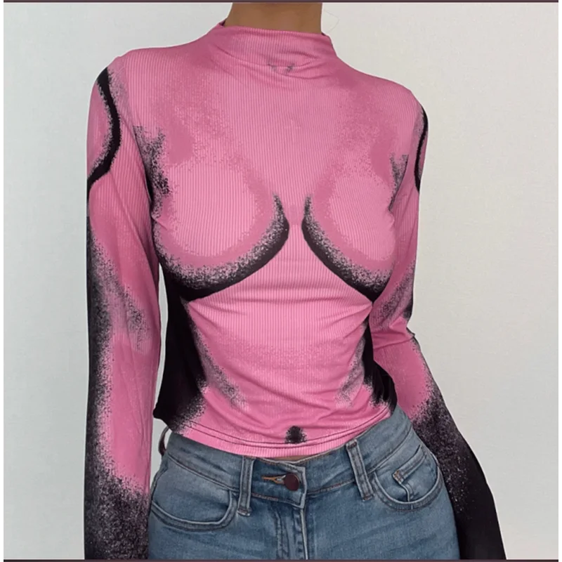 Body Portrait Printed Slim Fit Top | Women’s Long Sleeve Round Neck T-Shirt | Sexy Pink Autumn Streetwear