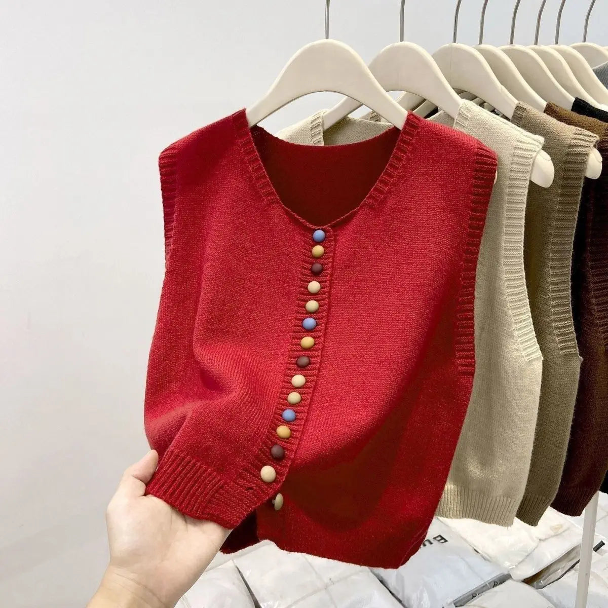 Women’s Rainbow Knit Sweater Vest | Autumn V-Neck Cardigan | Soft Button-Up Loose WaistcoatWomen’s Rainbow Knit Sweater Vest | Autumn V-Neck Cardigan | Soft Button-Up Loose Waistcoat