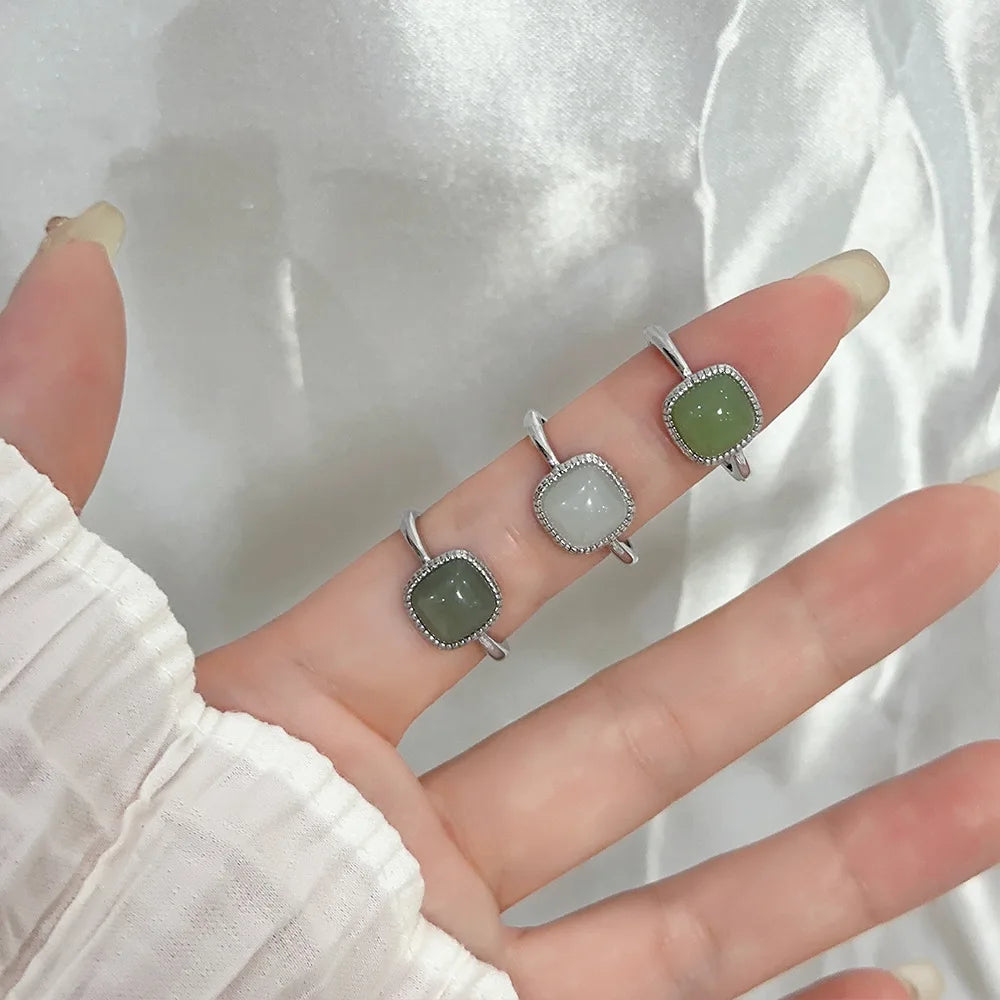 PANJBJ 925 Sterling Silver Hotan Jade Geometric Adjustable Ring | Retro Delicate Jewelry Gift for Women
