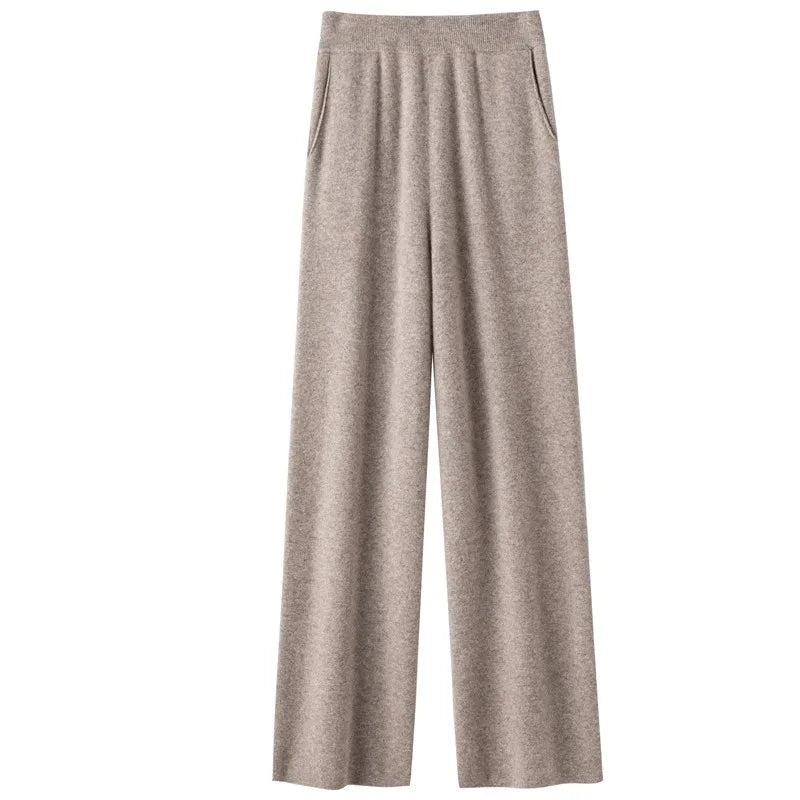 Elegant Women’s High Waist Wide-Leg Pants – Baggy Straight Knitted Trousers with Pockets