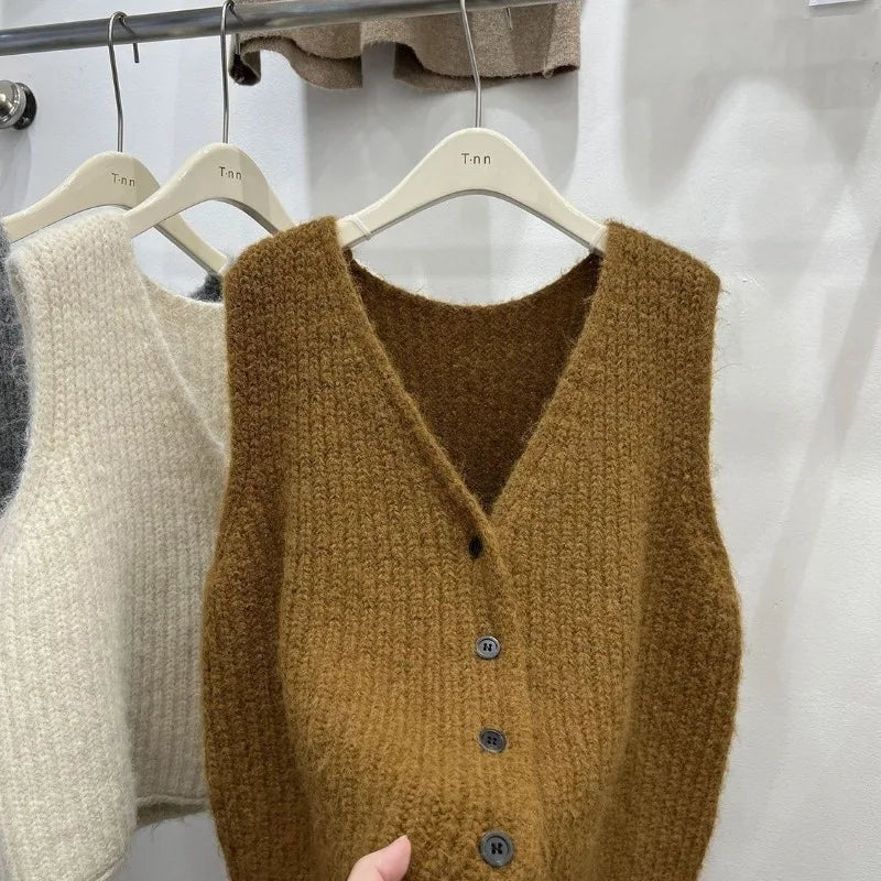 2025 Women’s V-Neck Wool Vest | Grey Loose Knit Cardigan | Autumn Winter Thick Sweater Fashion