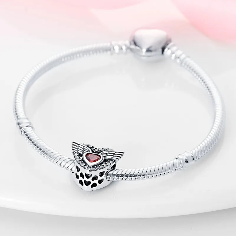 S925 Silver Angel Baby Charms | Heart Shape Wings Dangle Beads Fit Bracelet & Necklace