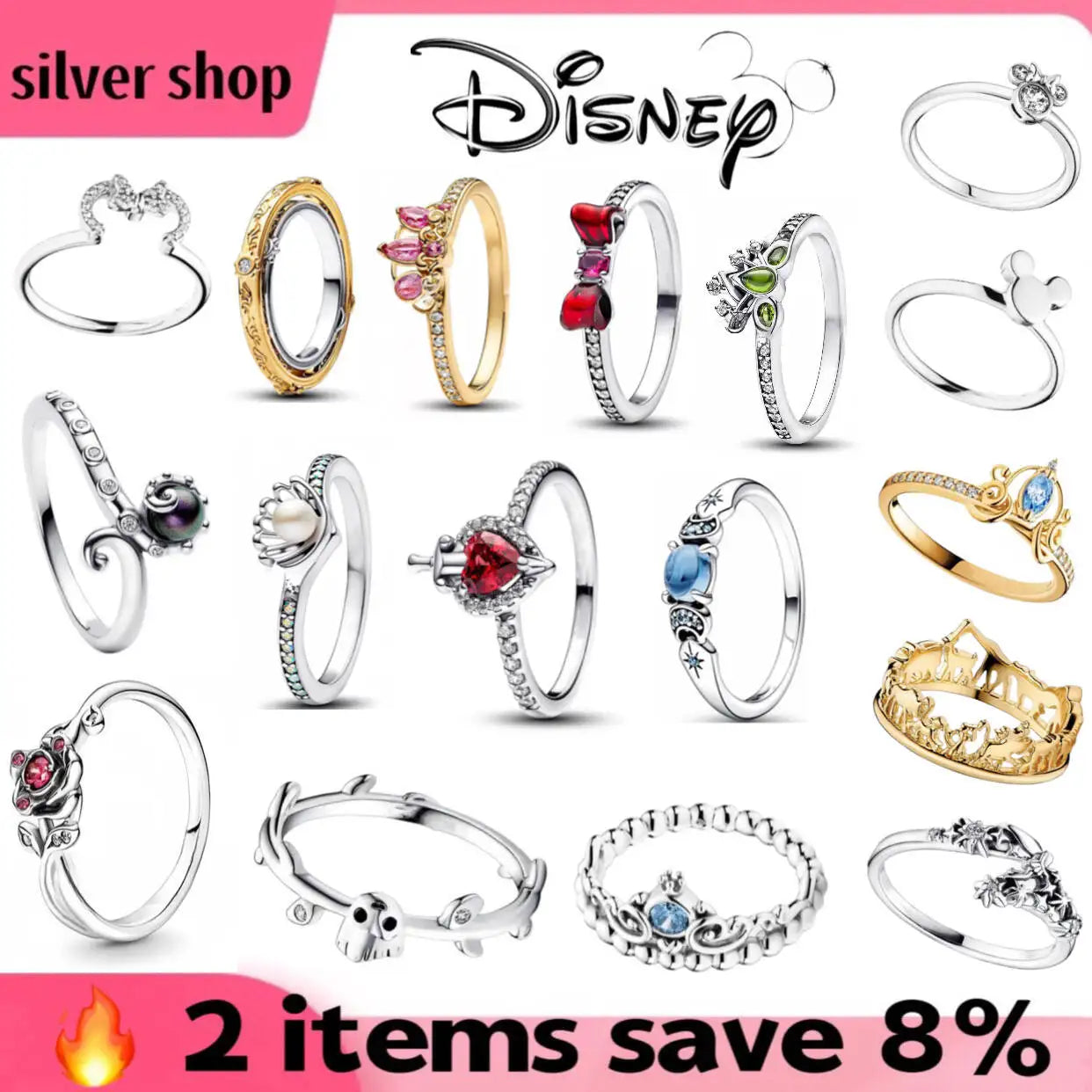 Fashion 925 Sterling Silver Disney Classic Crown & Heart Bow Mickey Mouse Ring | Women’s Anniversary Jewelry Gift