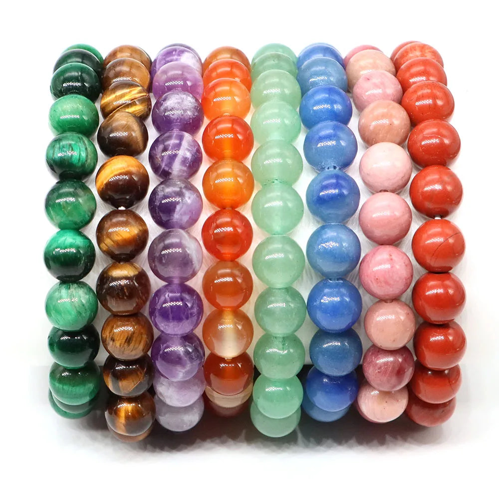 Natural Stone Healing Crystal Bracelet | Amethyst, Quartz & Agate Round Beads Elastic Stretch Bangle for Women & Men