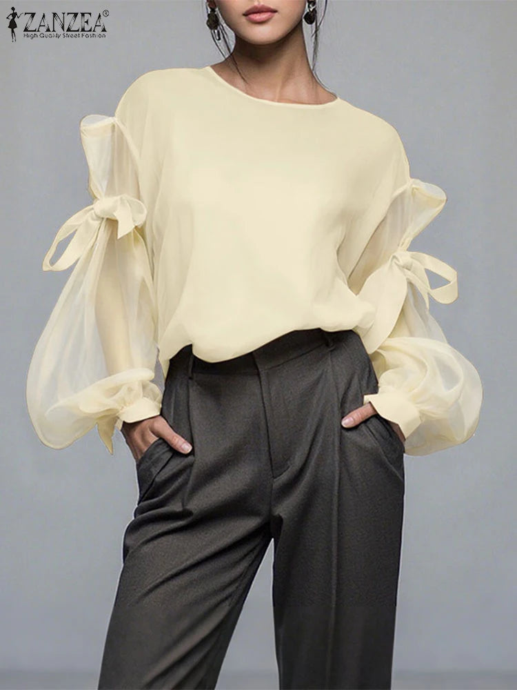 ZANZEA 2025 Women’s Elegant Blouse – Bow Mesh Patchwork Long Lantern Sleeve 👚✨