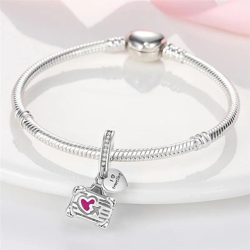 925 Sterling Silver Travel & Luggage Attractions Zircon Charm Beads | Fit Pandora Bracelet