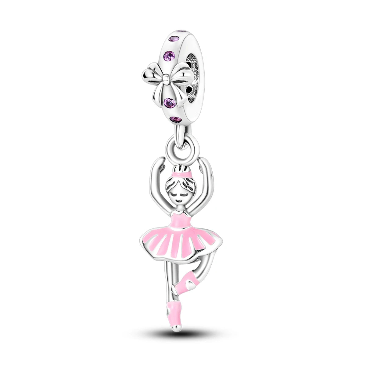 925 Sterling Silver Pink Ballet Girl Charms | Bow Pendant Beads Fit Original Bracelet & Necklace DIY Jewelry for Women