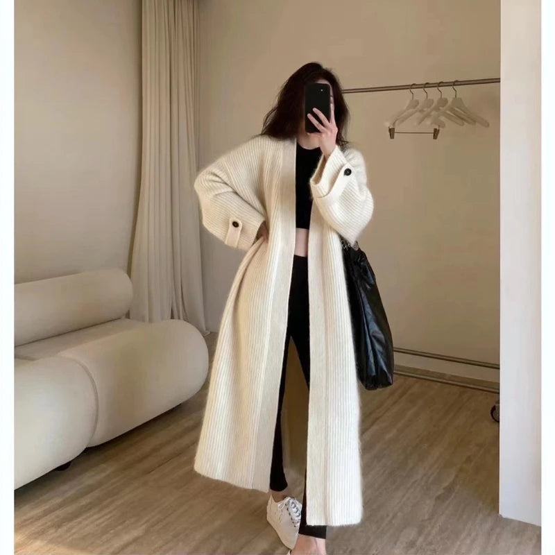 Women’s Retro Long Knitted Cardigan | Loose Solid Color Sweater Jacket for Autumn & Winter Fashion
