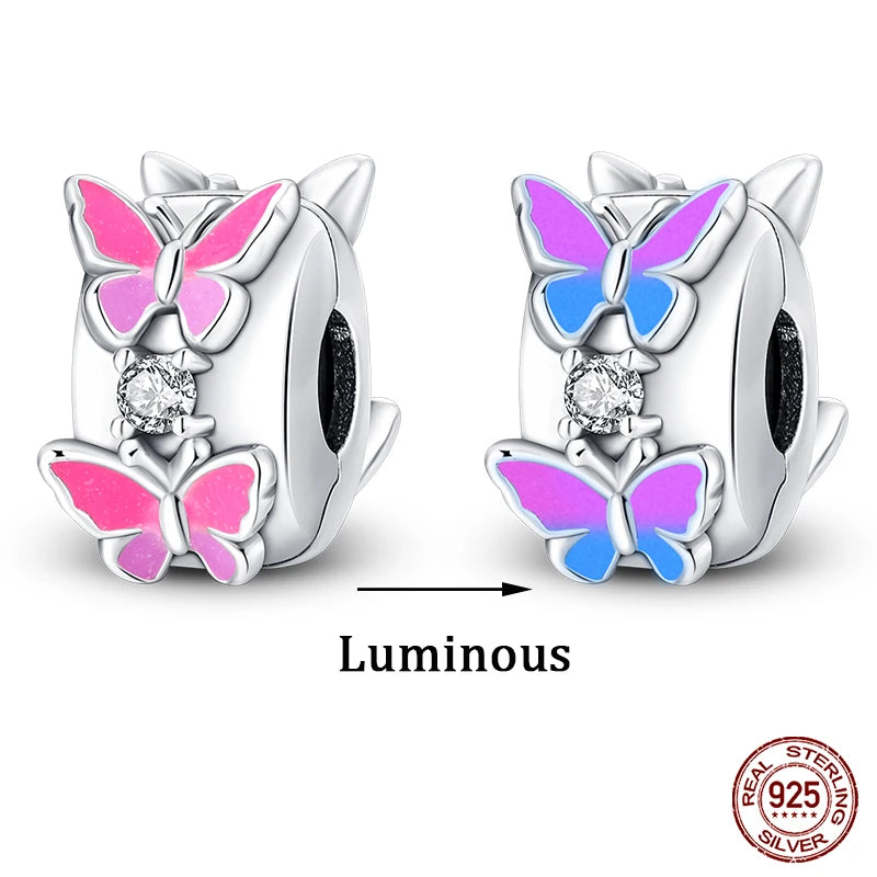 925 Sterling Silver Luminous Butterfly Star Moon Charm Bead | Round Clasp Bead for 3mm DIY Bracelet Jewelry Gift