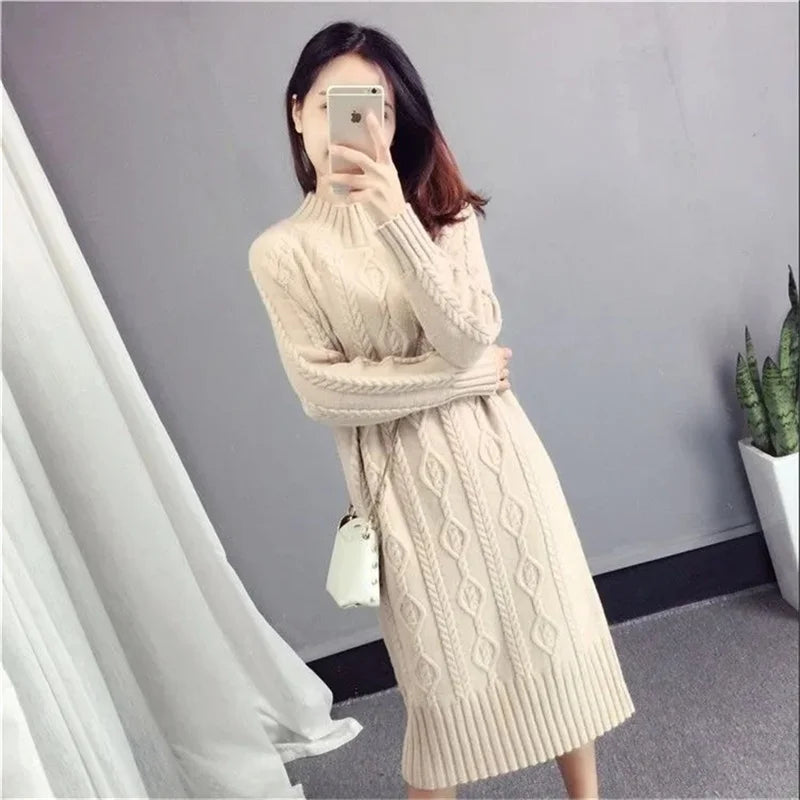 Khaki Thickened Half High Neck Sweater Dress for Women – Autumn Winter 2023 Korean Fashion Loose Thin Knit Long Dress