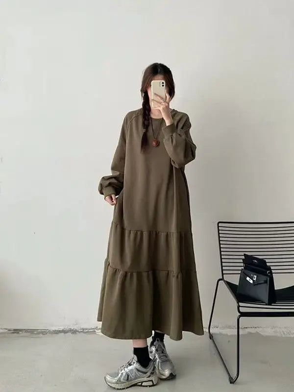 Plus Size Casual Long Sleeve Dress for Women | Loose Fit Patchwork Autumn Dress | Tummy Covering Comfortable Long Dress