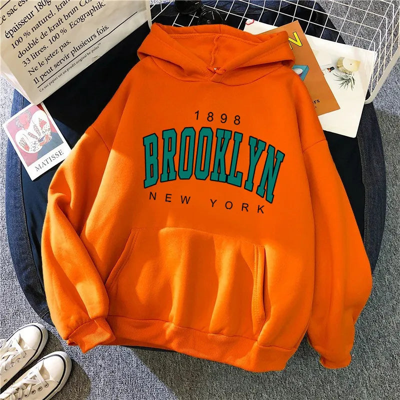 Brooklyn Printed Women's Hoodie | Fleece Loose Sweatshirt | Spring Autumn Winter Couple Pullover Coat