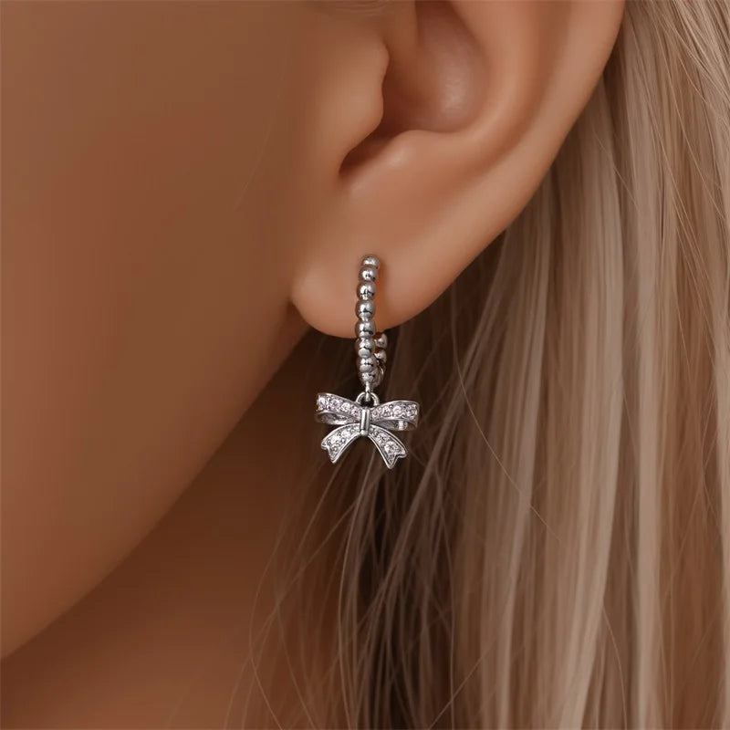 925 Sterling Silver Sweet Bow Heart Zircon Hoop Earrings | Women’s Shining Proluxy Fine Jewelry Gift for Engagement & Birthday