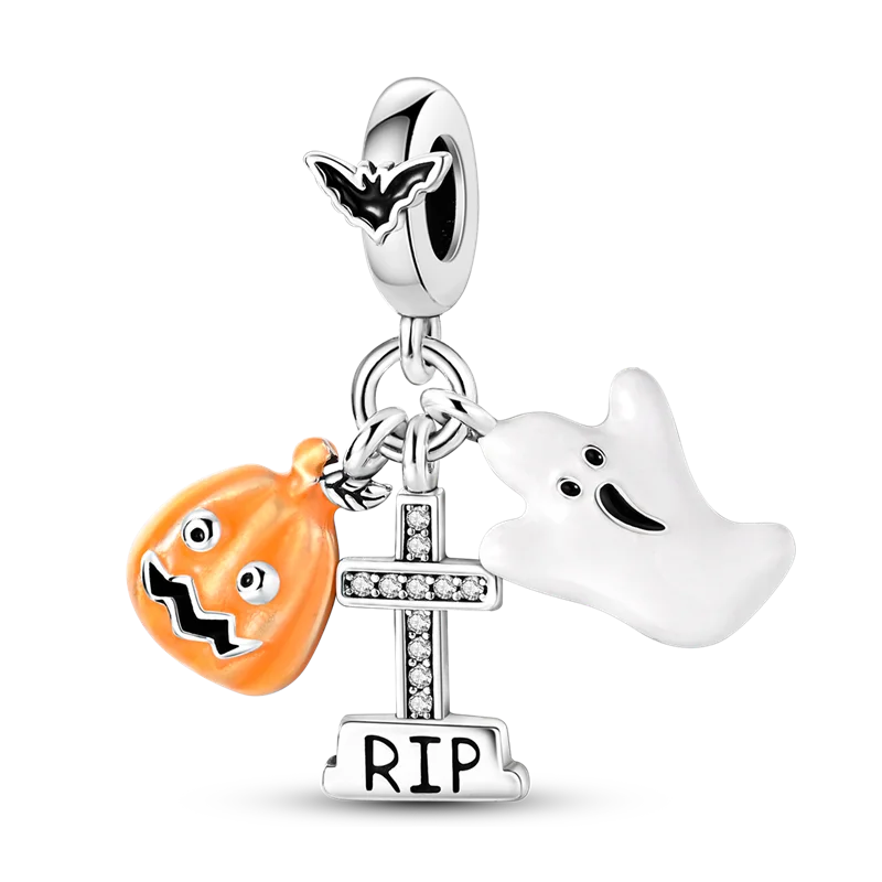 925 Sterling Silver Halloween Skull Bat Pumpkin Charm | Fit Original Bracelet & Necklace DIY Jewelry