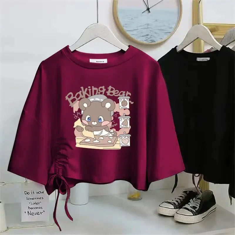 Women’s Drawstring Cotton T-Shirt | Loose O-Neck Drop Sleeve Pullover | Spring Summer Casual Solid Knit Top