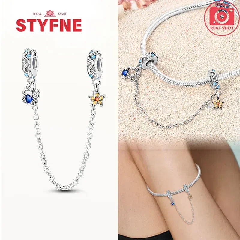 S925 Silver Cute Cat Heart Bead Safety Chain Fit Original Bracelet
