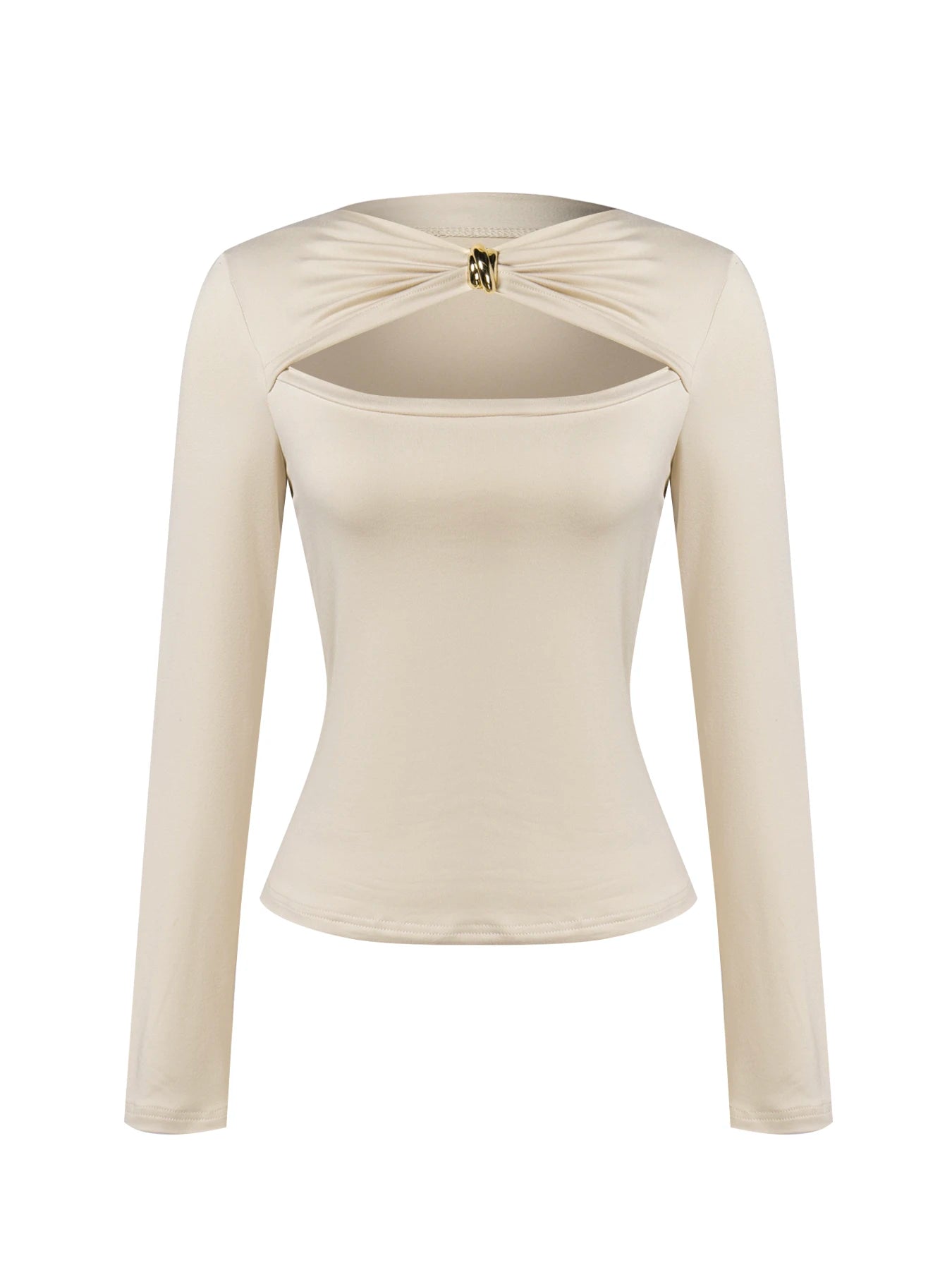 Autumn Winter Women’s Slim Long Sleeve T-Shirt – Bow Neck with Metal Buttons & Hollow Design