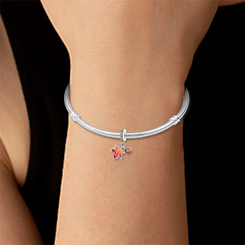 925 Sterling Silver Squirrel & Maple Leaf Charm | Shiny Zircon Autumn Beads Fit Pandora Bracelet DIY Jewelry