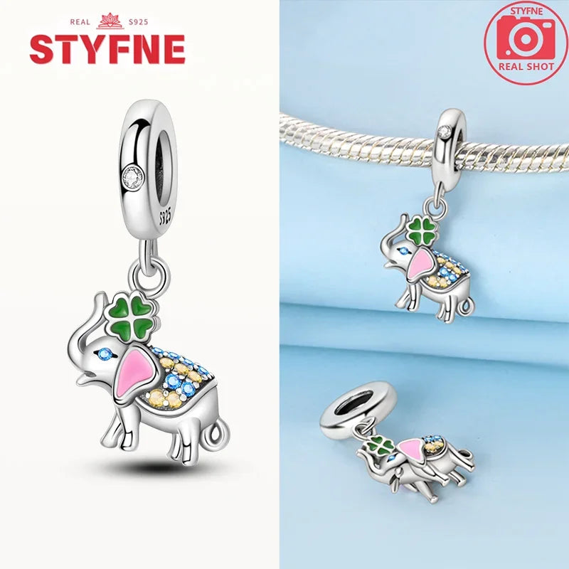 925 Sterling Silver Colorful Zircon Elephant Dangle Charm – Fits Original Pandora Bracelet DIY Fine Jewelry Gift for Women