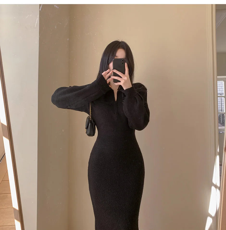 Elegant V-Neck Knitted Dress – Women's Autumn Winter High Waist A-Line Long Skirt, Soft Wrap Body Korean Style