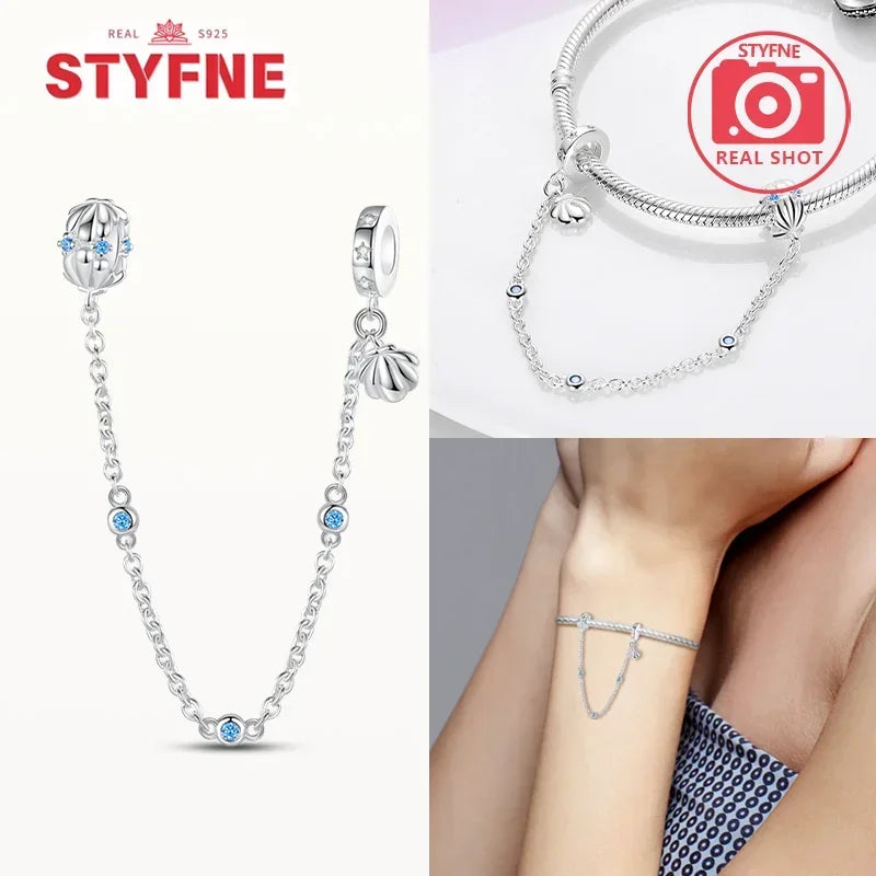 S925 Silver Cute Cat Heart Bead Safety Chain Fit Original Bracelet