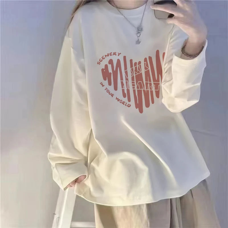 White Fleece-Lined Loose Long Sleeve Women’s T-Shirt – Slimming Base Layer Korean Style Commute Top