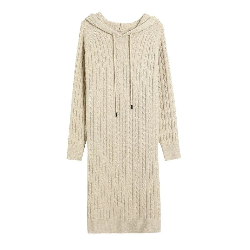 Autumn Winter Women’s Thickened Hooded Sweater Dress – Loose Long Sleeve Knitted Dress for Warm Comfort