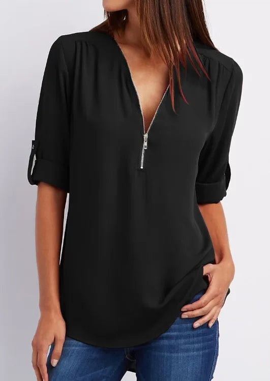 Summer Women’s Chiffon Blouse | Deep V-Neck Zipper Tops | Casual Loose Long Sleeve Plus Size Shirt