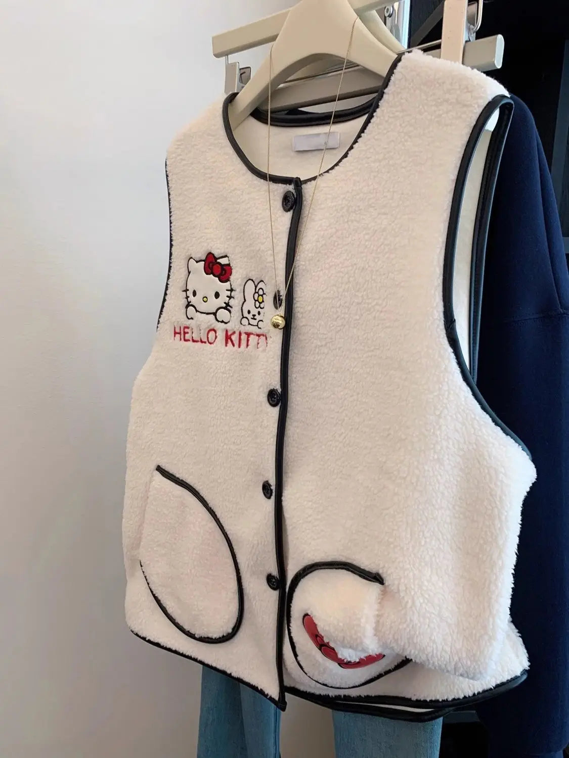 Women’s White Embroidered Cartoon Vest – Trendy Autumn Winter Korean Style Outerwear 🐰❄️