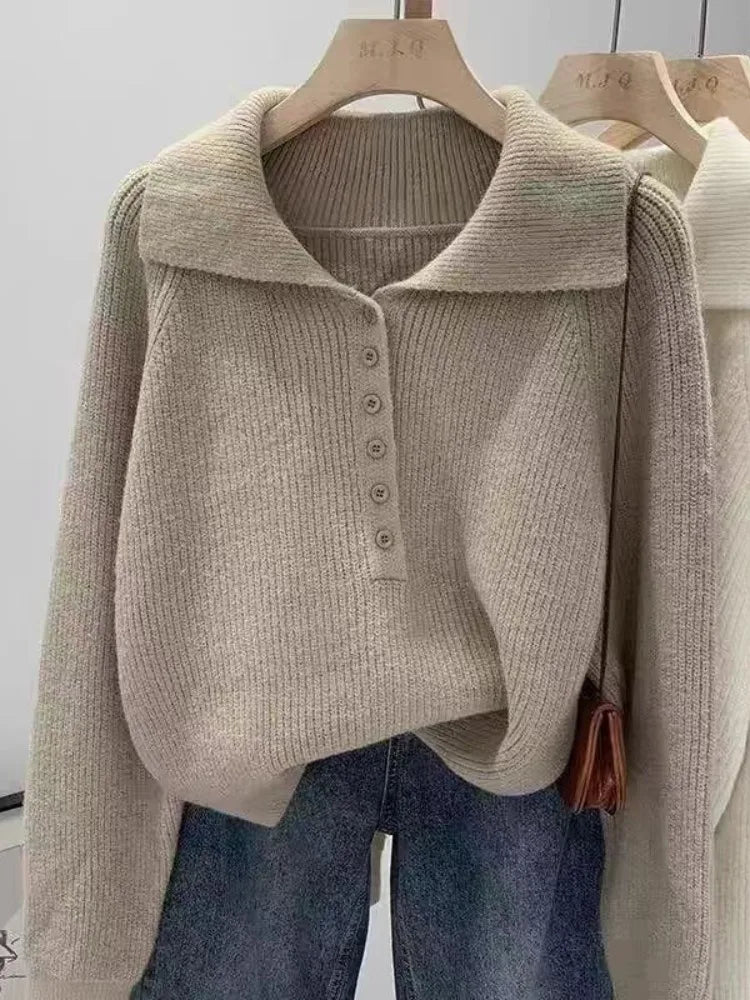 Pink Lazy Korean Style Big Collar Sweater – Women’s Autumn Winter Slim Soft Knitted Top | Sweet Loose Fit Versatile Knit