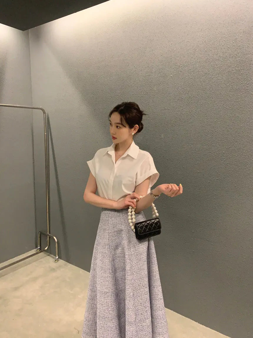 Chic Summer Loose Women’s Shirt | Classic Pure Color Professional Blouse with Small Lapel Collar