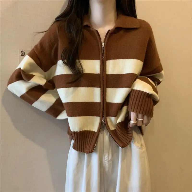 🔥 Retro American Spicy Long Sleeve Sweater for Women 🍂 Winter Loose Fit Knit Top | Unique Stripe Lazy Style Pullover ❄️