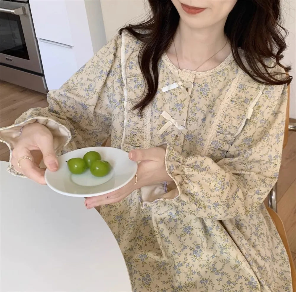 Women’s Plus Size Pajamas – Garden Style Student Homewear Two-Piece Set | Korean Version Bow Detail, Long Sleeve, Can Be Worn Outside