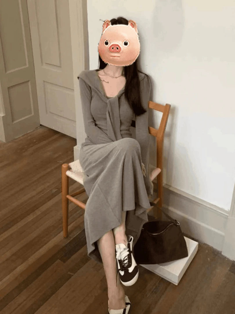 Early Autumn Korean Style Knitted Slim Fit Dress – Women’s Long Sleeve Casual V-Neck A-Line Dress | Warm Polyester Fiber