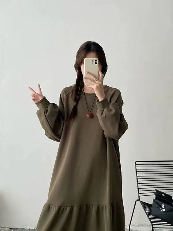 Plus Size Casual Long Sleeve Dress for Women | Loose Fit Patchwork Autumn Dress | Tummy Covering Comfortable Long Dress
