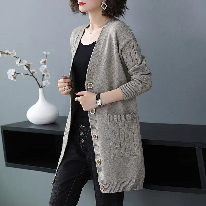 Sueter Mujer Invierno 2025 | Vintage Knitted V-Neck Cardigan | Women’s Casual Solid Sweater with Pockets