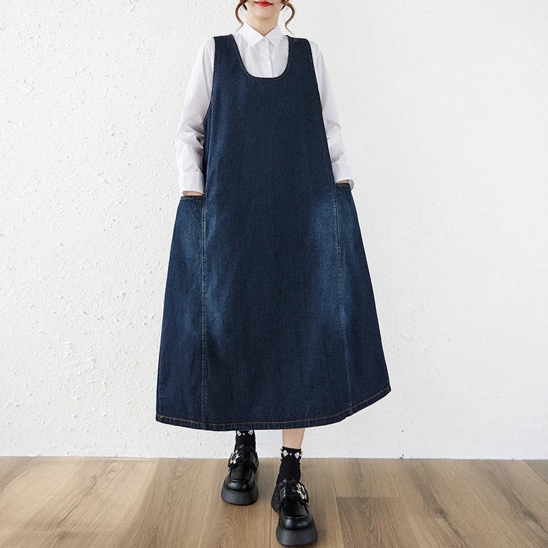 Loose Korean Style Plus Size Denim Vest Skirt – High Waist Over-Knee Slimming Cotton Jeans Corset Casual Dress for Women
