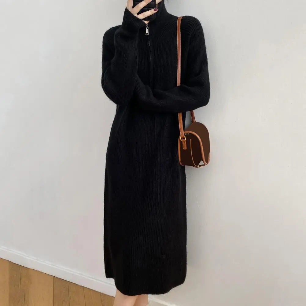 Winter Sweater Midi Dress – Zipper Turn-Down Collar, Long Sleeve Loose Knitted Dress with Striped Texture | Pure Color Warm Dress