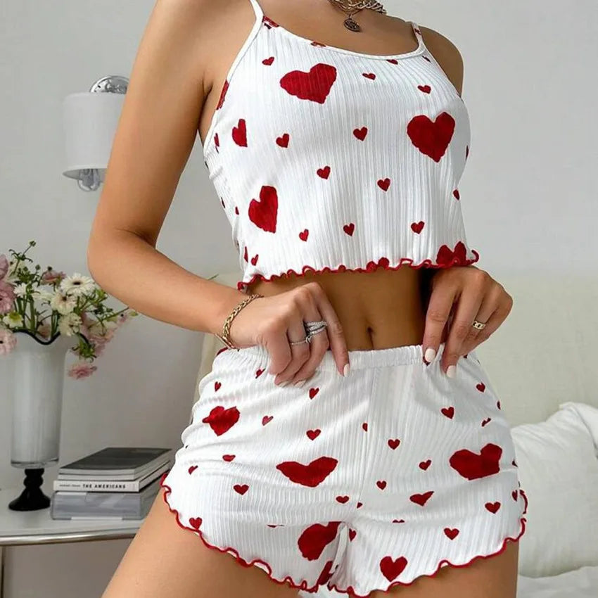 Women’s 2-Piece Pajamas Set – Short Tank Top & Shorts Sleepwear, Soft Casual Ventilated Loungewear with Love Print