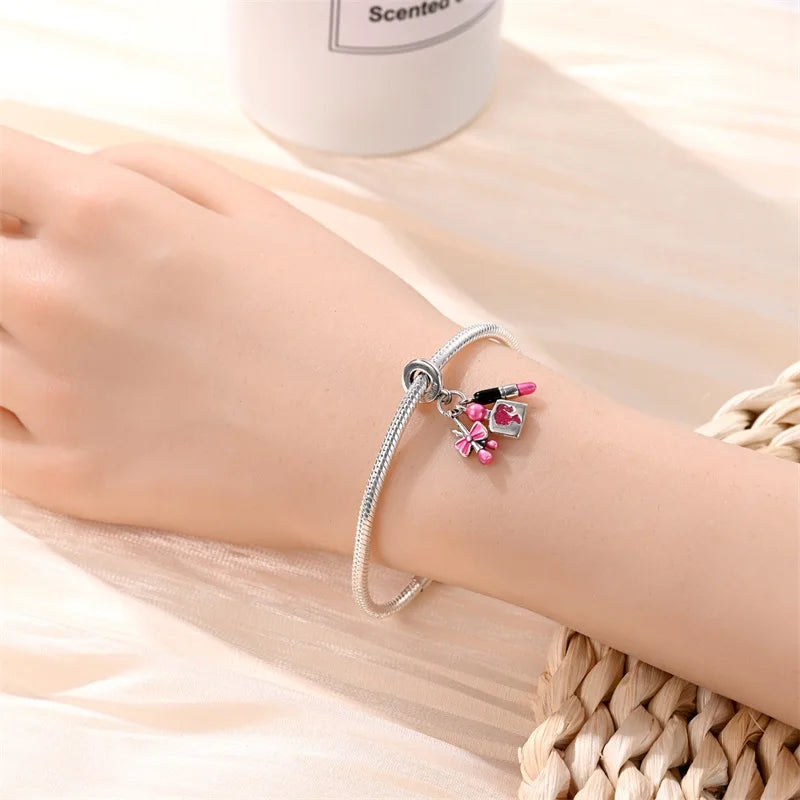 925 Silver Plated Magic Mirror Princess Angel Pink Charm Beads | Fits Original Pan 925 Bracelet | Exquisite DIY Jewelry