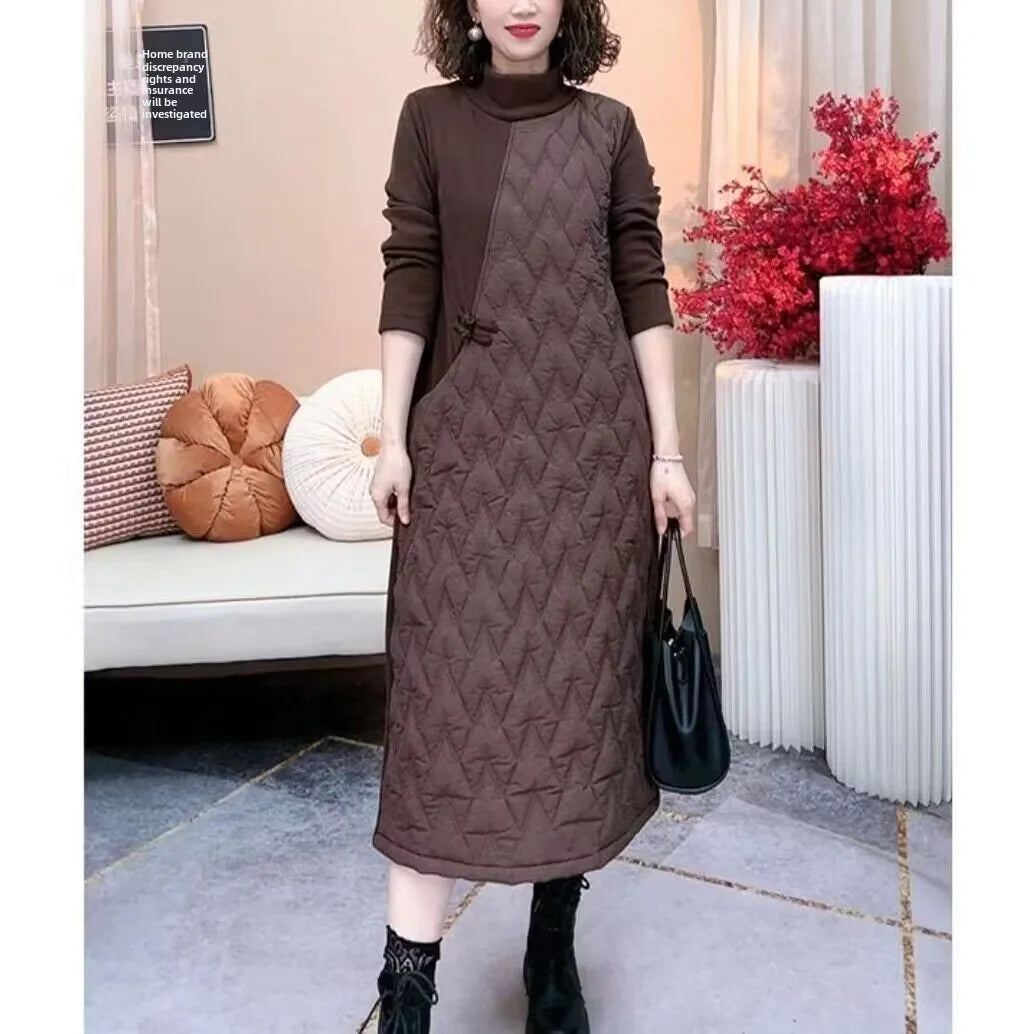 Thickened Fleece Winter Dress for Women – Cotton-Lined Plus Size Warm Mid-Length Straight Cut Chinese Style Fashion Dress