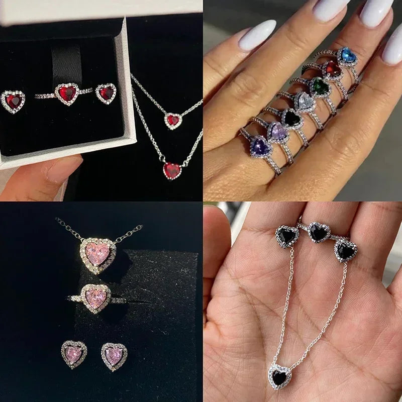 925 Sterling Silver Women’s Jewelry Set | Pink Heart Earrings, Ring & Necklace | Sparkling Luxury Holiday Gift