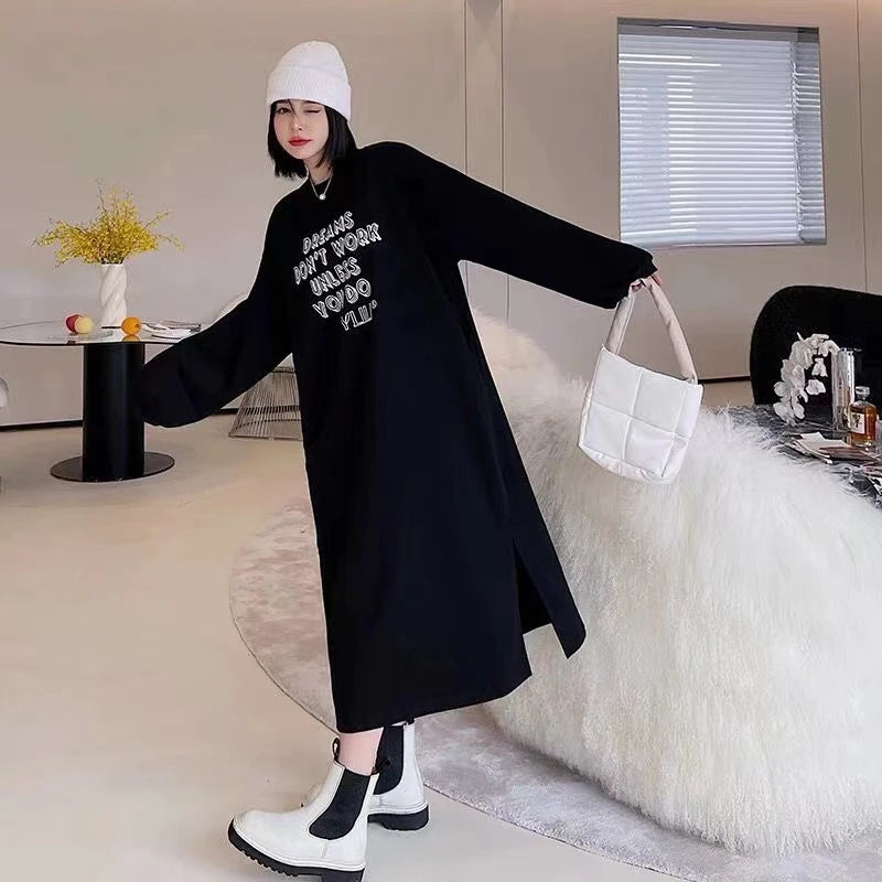 Lazy Person's Winter Sweatshirt Dress ❄️ Loose Casual Home & Outdoor Wear 👗 Personalized Letter Design 🌟