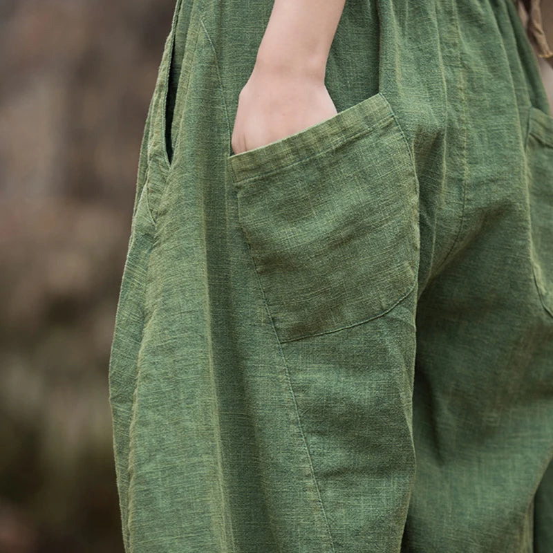 Elegant Women’s Cotton Linen Baggy Cargo Pants – Vintage Elastic Waist Wide-Leg Casual Trousers