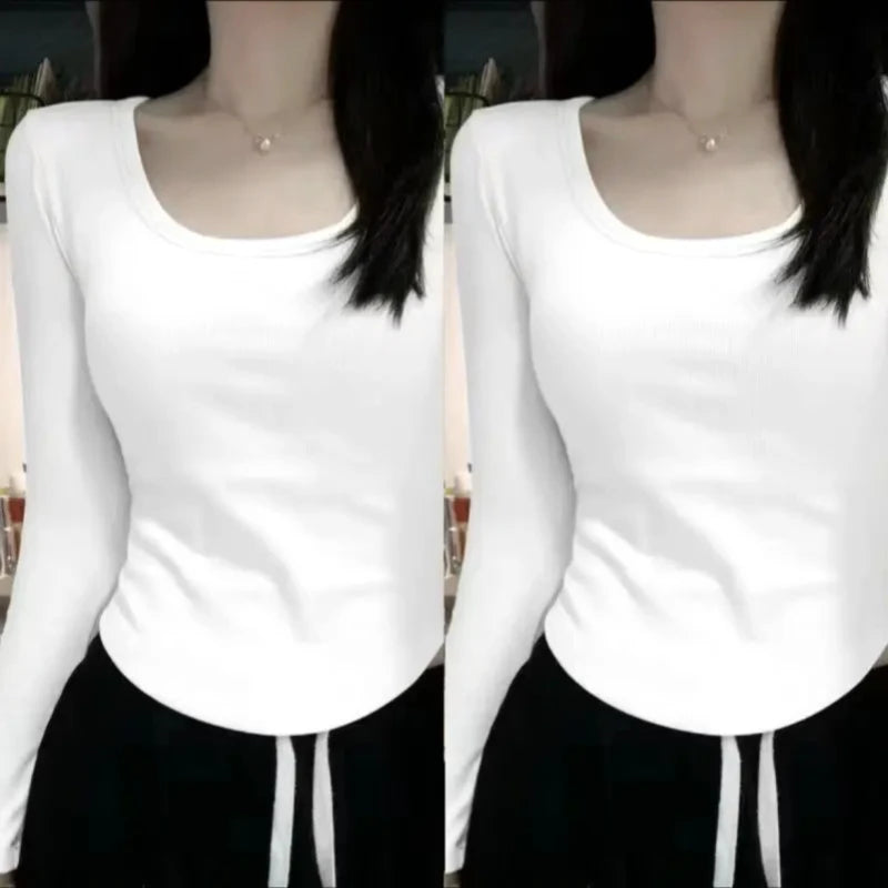 Women's Fleece-Lined Long Sleeve T-Shirt ❄️ Sweet Slim Fit U-Neck Top 👚 Autumn Winter Warm Fashion