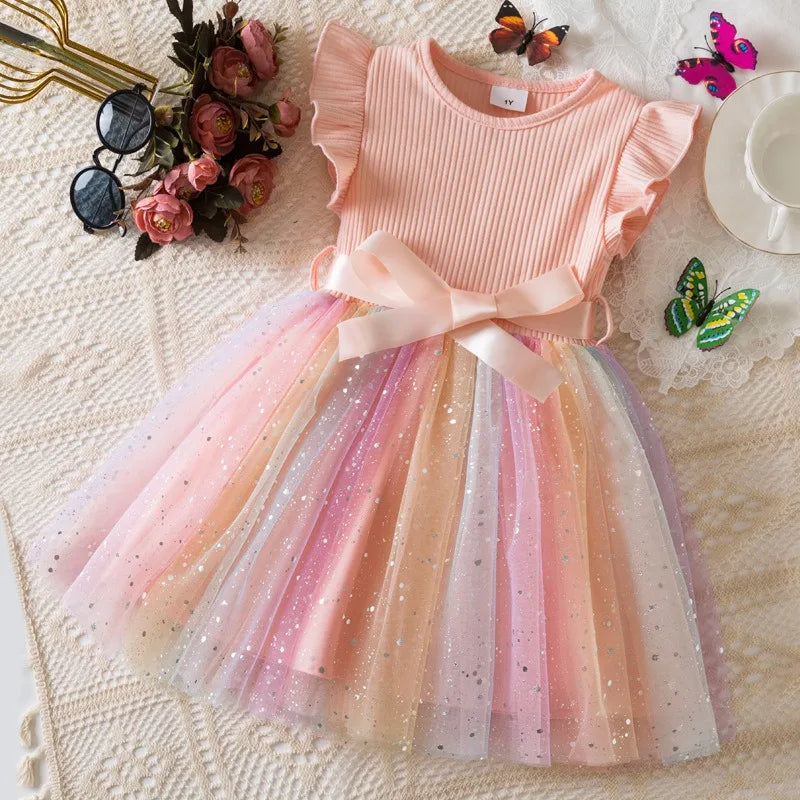 ✨ Hello Kitty Girls Sequins Dress 🎀 Rainbow Tulle Princess Dress 🌈 Toddler Birthday Party Outfit 👧 Ages 1–5 Years
