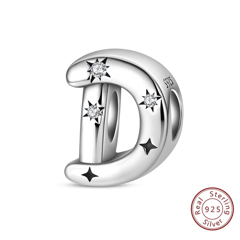Classic 925 Sterling Silver A–Z Alphabet Charms | Letter Beads with Stars Fit Original Bracelet DIY Jewelry for Women
